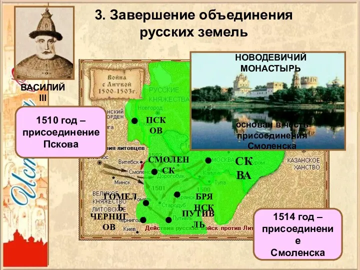 МОСКВА ПСКОВ БРЯНСК ПУТИВЛЬ ЧЕРНИГОВ ГОМЕЛЬ СМОЛЕНСК ВАСИЛИЙ III 1514 год –