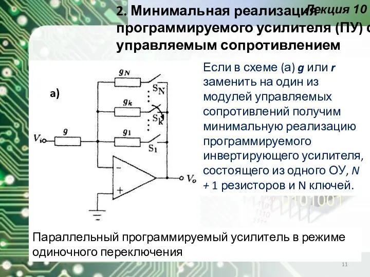 Лекция 10 2. Минимальная реализация программируемого усилителя (ПУ) с управляемым сопротивлением Параллельный