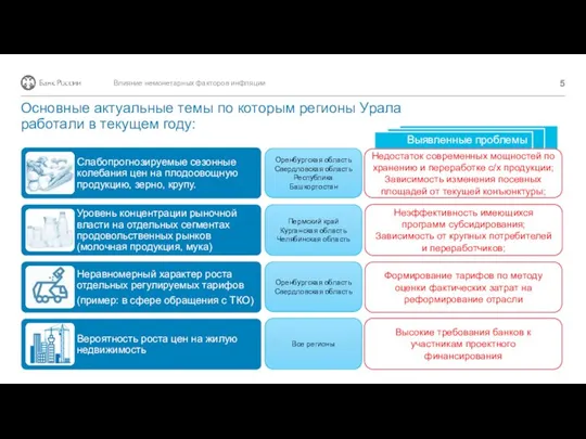 Выявленные проблемы Основные актуальные темы по которым регионы Урала работали в текущем