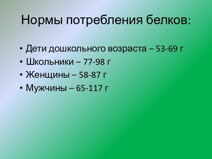 Нормы потребления белков: Дети дошкольного возраста – 53-69 г Школьники – 77-98