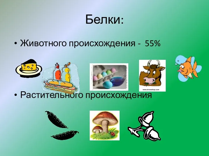 Белки: Животного происхождения - 55% Растительного происхождения