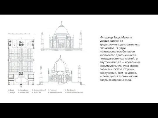 Интерьер Тадж-Махала уходит далеко от традиционных декоративных элементов. Внутри использовалось большое количество