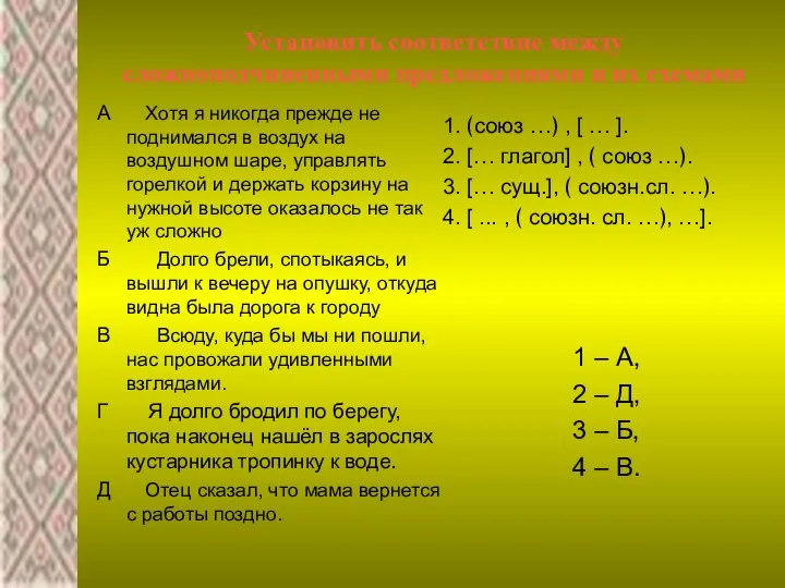 Установить соответствие между сложноподчиненными предложениями и их схемами А Хотя я никогда