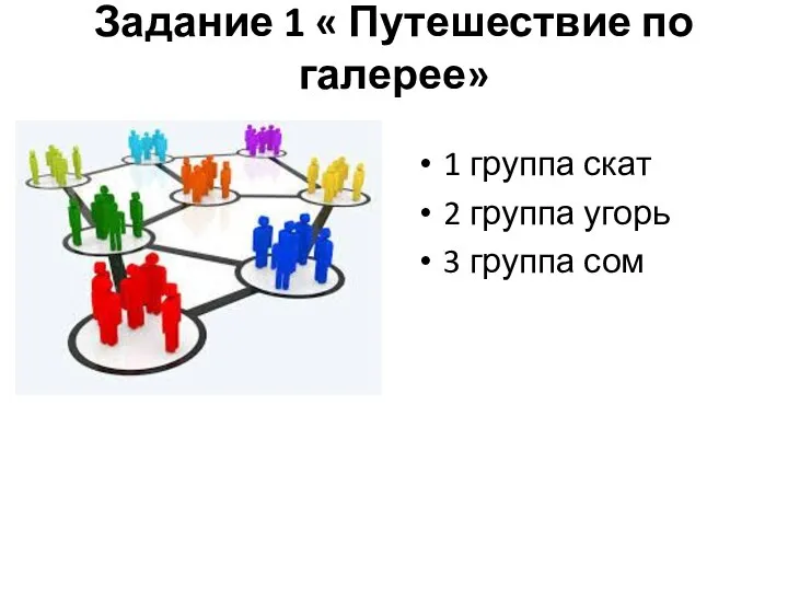 Задание 1 « Путешествие по галерее» 1 группа скат 2 группа угорь 3 группа сом