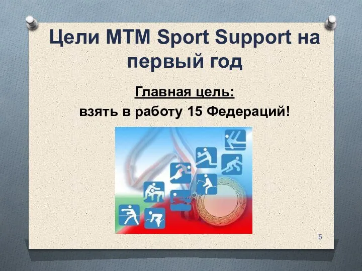 Цели MTM Sport Support на первый год Главная цель: взять в работу 15 Федераций!