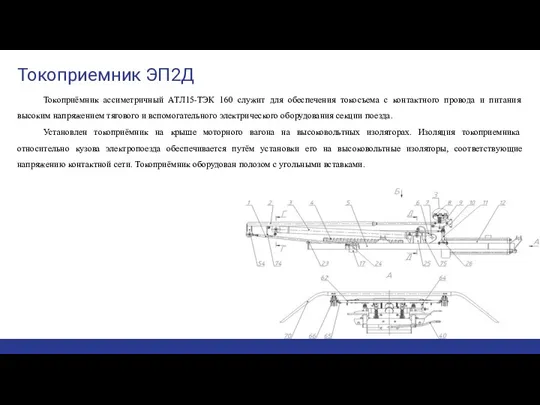 Токоприемник ЭП2Д Токоприёмник ассиметричный АТЛ15-ТЭК 160 служит для обеспечения токосъема с контактного