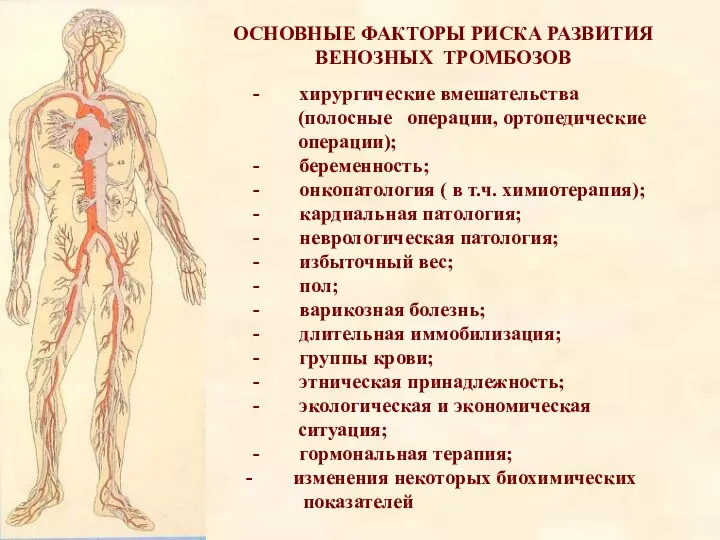 ОСНОВНЫЕ ФАКТОРЫ РИСКА РАЗВИТИЯ ВЕНОЗНЫХ ТРОМБОЗОВ - хирургические вмешательства (полосные операции, ортопедические