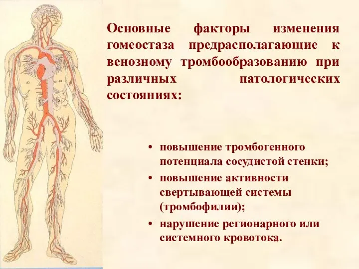 Основные факторы изменения гомеостаза предрасполагающие к венозному тромбообразованию при различных патологических состояниях: