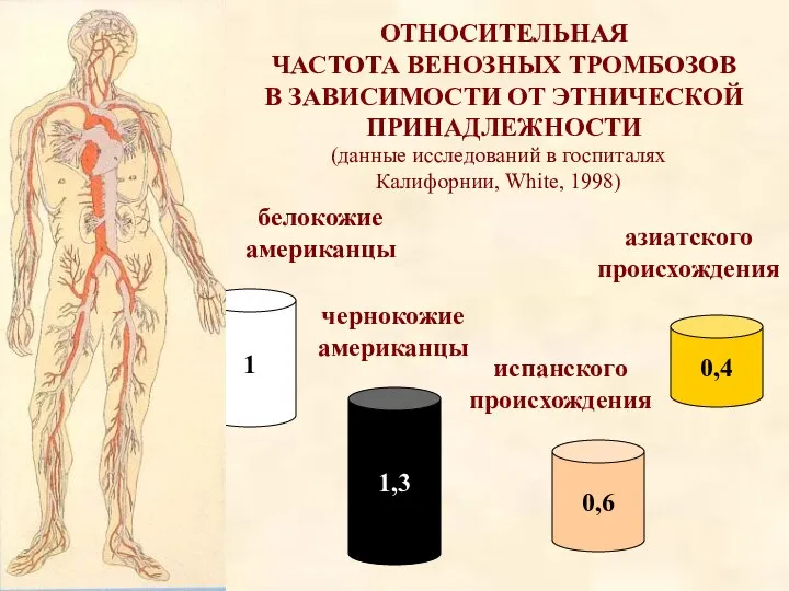 ОТНОСИТЕЛЬНАЯ ЧАСТОТА ВЕНОЗНЫХ ТРОМБОЗОВ В ЗАВИСИМОСТИ ОТ ЭТНИЧЕСКОЙ ПРИНАДЛЕЖНОСТИ 1 1,3 0,6