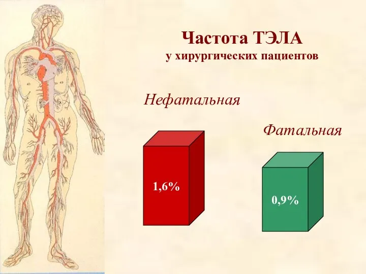 Частота ТЭЛА у хирургических пациентов 1,6% 0,9% Нефатальная Фатальная