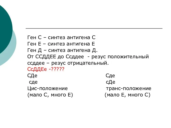 Ген С – синтез антигена С Ген Е – синтез антигена Е