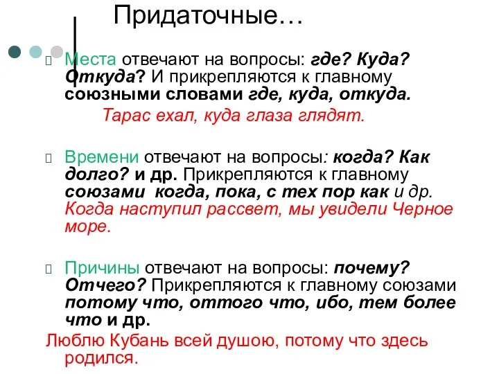 Придаточные… Места отвечают на вопросы: где? Куда? Откуда? И прикрепляются к главному