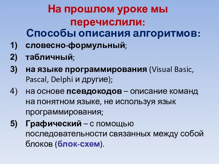 словесно-формульный; табличный; на языке программирования (Visual Basic, Pascal, Delphi и другие); на