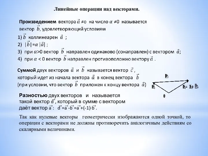 Линейные операции над векторами. Разностью двух векторов и называется такой вектор d