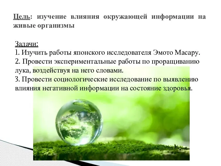 Цель: изучение влияния окружающей информации на живые организмы Задачи: 1. Изучить работы