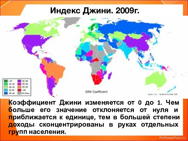 Индекс Джини. 2009г. Коэффициент Джини изменяется от 0 до 1. Чем больше