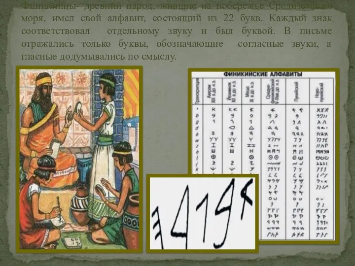 Финикийцы- древний народ, жившие на побережье Средиземного моря, имел свой алфавит, состоящий