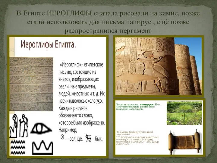 В Египте ИЕРОГЛИФЫ сначала рисовали на камне, позже стали использовать для письма
