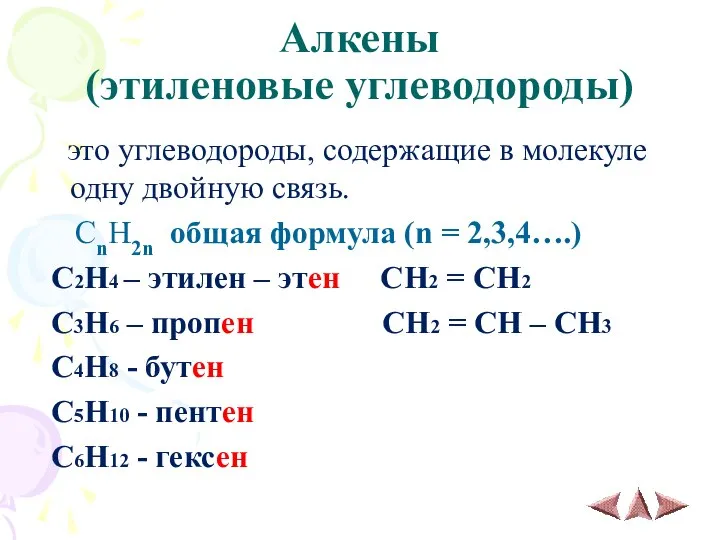 Алкены (этиленовые углеводороды) это углеводороды, содержащие в молекуле одну двойную связь. CnH2n