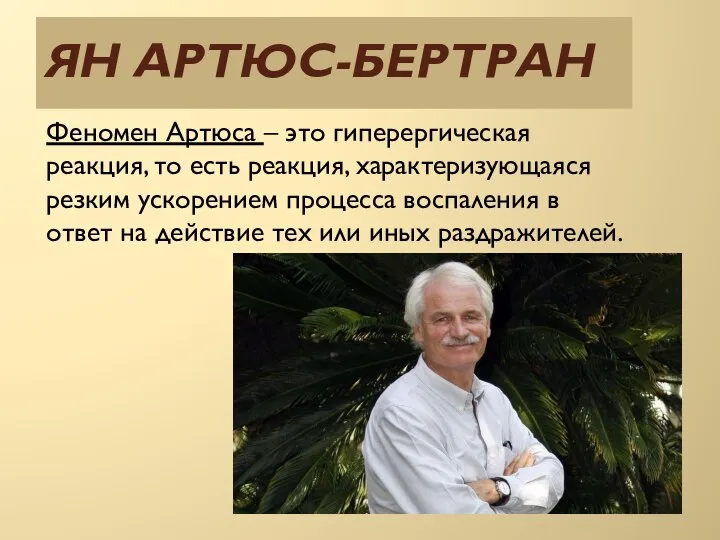 ЯН АРТЮС-БЕРТРАН Феномен Артюса – это гиперергическая реакция, то есть реакция, характеризующаяся