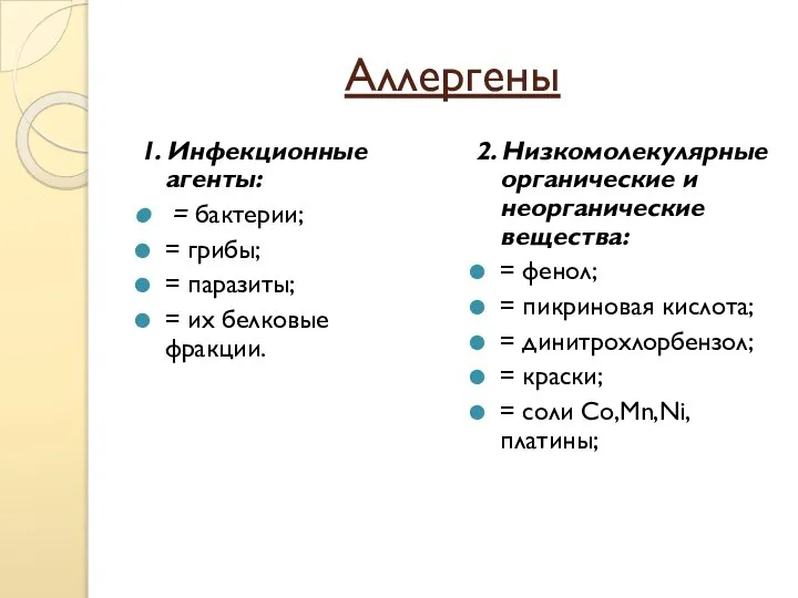 Аллергены 1. Инфекционные агенты: = бактерии; = грибы; = паразиты; = их