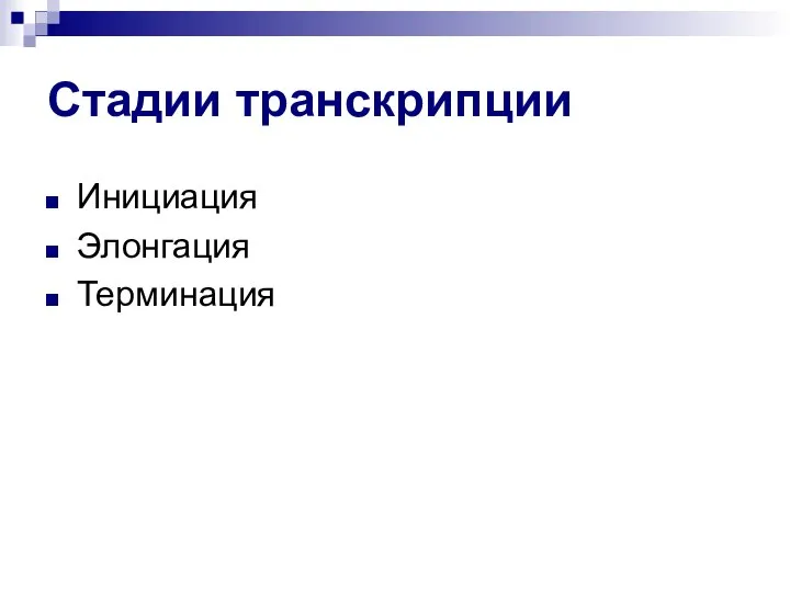 Стадии транскрипции Инициация Элонгация Терминация