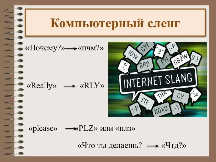 «Почему?» «пчм?» «Really» «RLY» «please» «PLZ» или «плз» «Что ты делаешь? «Чтд?» Компьютерный сленг