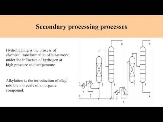 Secondary processing processes Hydrotreating is the process of chemical transformation of substances