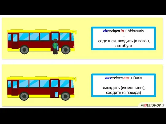 einsteigen in + Akkusativ – садиться, входить (в вагон, автобус) aussteigen aus