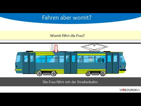 Die Frau fährt mit der Straßenbahn.