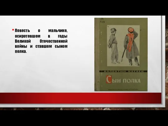 Повесть о мальчике, осиротевшем в годы Великой Отечественной войны и ставшем сыном полка.