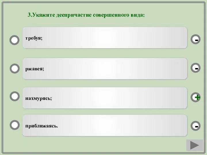 3.Укажите деепричастие совершенного вида: нахмурясь; ржавея; приближаясь. требуя; - - + -