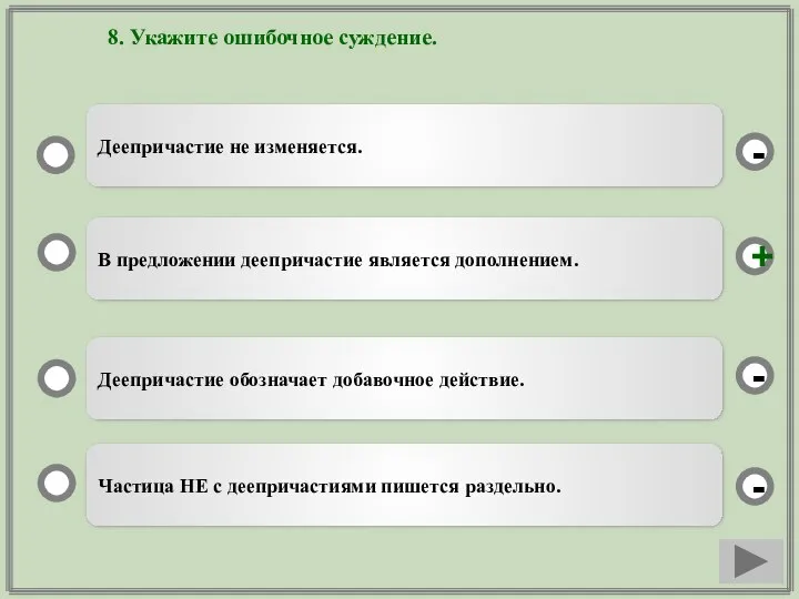 8. Укажите ошибочное суждение. В предложении деепричастие является дополнением. Деепричастие обозначает добавочное