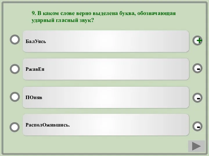 9. В каком слове верно выделена буква, обозначающая ударный гласный звук? БалУясь