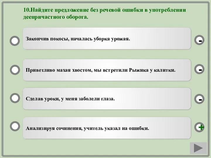 Тесты по теме деепричастие 7. Ошибки в употреблении деепричастных оборотов это речевая ошибка.