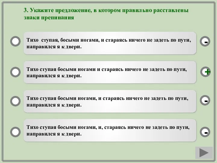 3. Укажите предложение, в котором правильно расставлены знаки препинания Тихо ступая, босыми