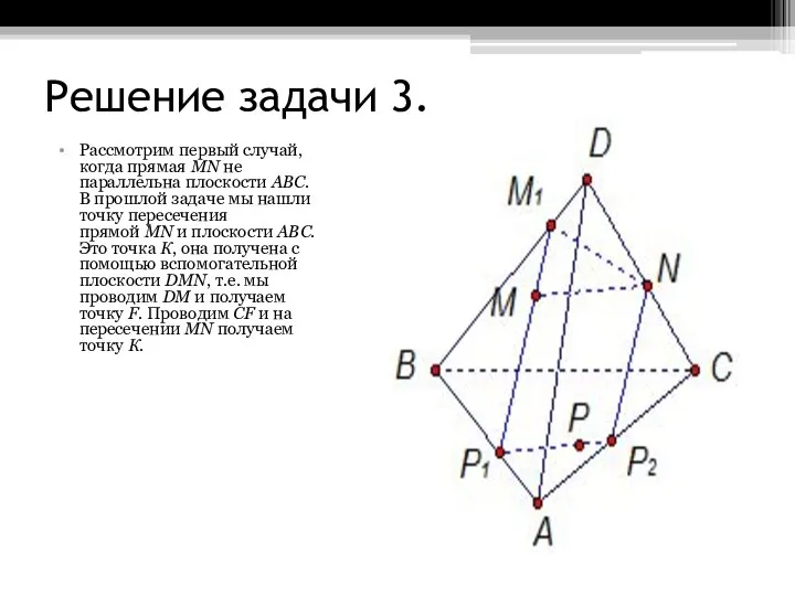 Решение задачи 3. Рассмотрим первый случай, когда прямая MN не параллельна плоскости