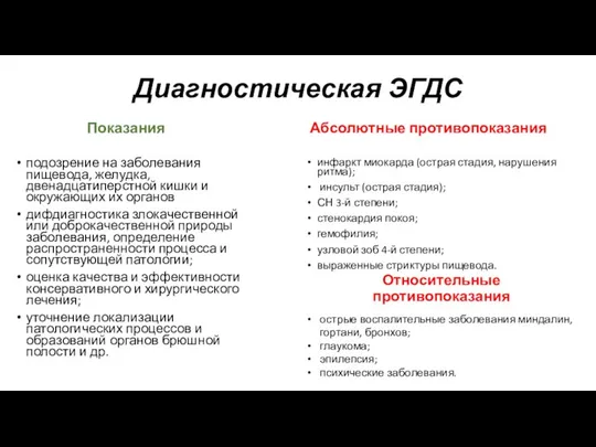 Диагностическая ЭГДС Показания подозрение на заболевания пищевода, желудка, двенадцатиперстной кишки и окружающих