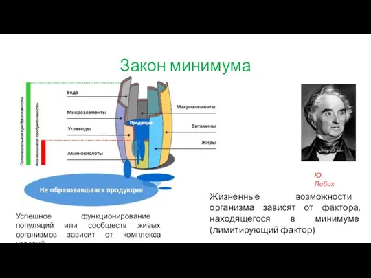 Закон минимума Ю. Либих Успешное функционирование популяций или сообществ живых организмов зависит