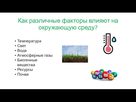 Как различные факторы влияют на окружающую среду? Температура Свет Вода Атмосферные газы Биогенные вещества Ресурсы Почва