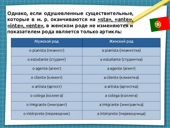 Однако, если одушевленные существительные, которые в м. р. оканчиваются на «sta», «ante»,