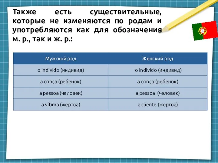 Также есть существительные, которые не изменяются по родам и употребляются как для