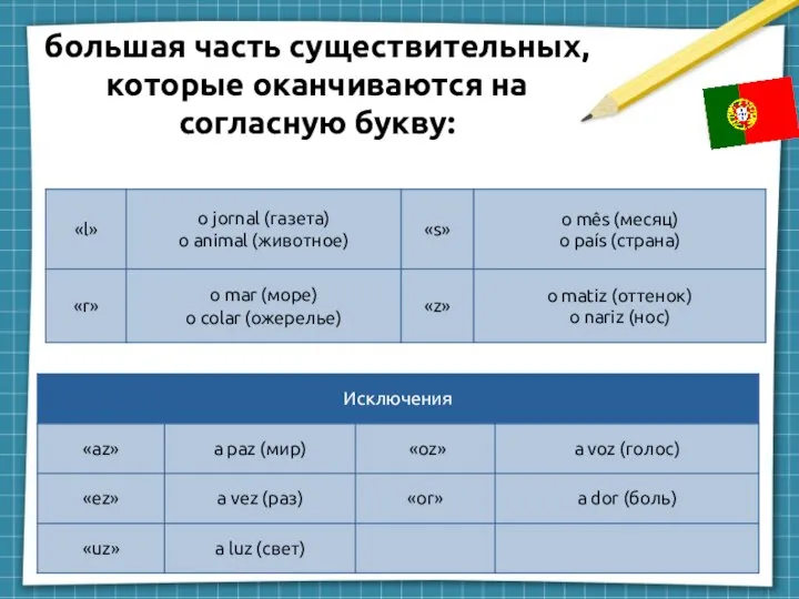 большая часть существительных, которые оканчиваются на согласную букву: