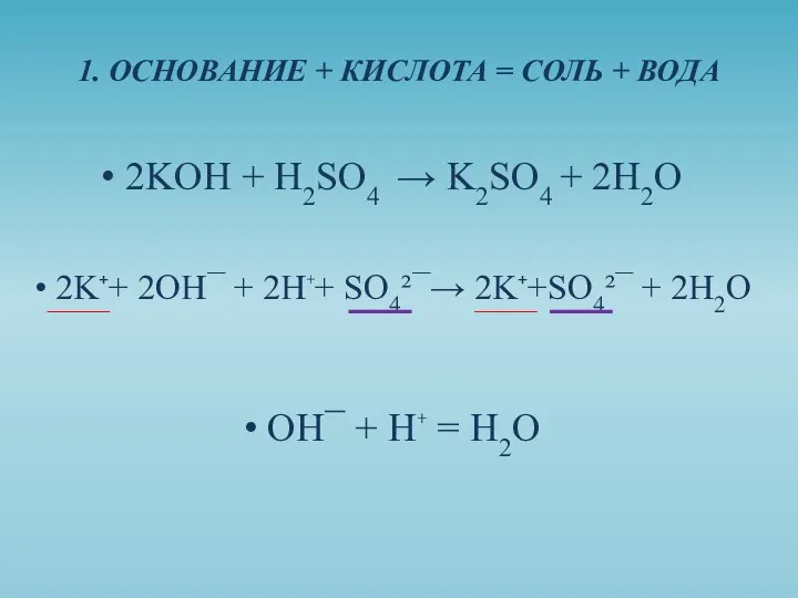 2KOH + H2SO4 → K2SO4 + 2H2O 1. ОСНОВАНИЕ + КИСЛОТА =