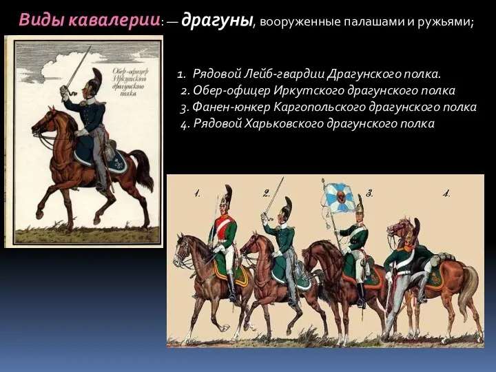 Виды кавалерии: — драгуны, вооруженные палашами и ружьями; Рядовой Лейб-гвардии Драгунского полка.