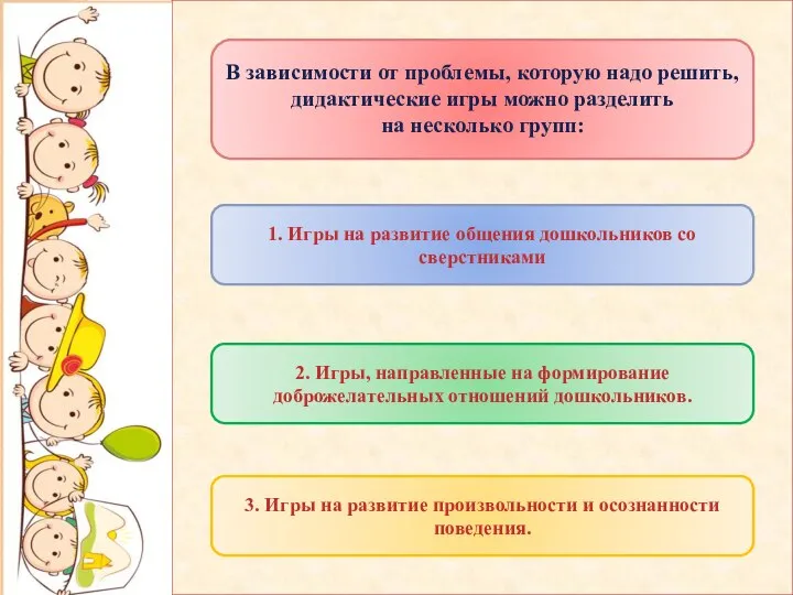 В зависимости от проблемы, которую надо решить, дидактические игры можно разделить на