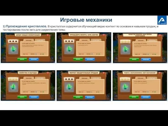 Игровые механики 1) Прохождение кристаллов. В кристаллах содержится обучающий видео контент по