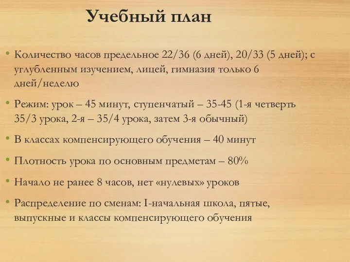 Учебный план Количество часов предельное 22/36 (6 дней), 20/33 (5 дней); с