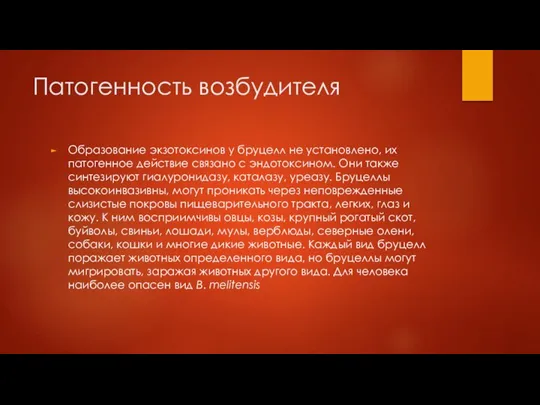 Патогенность возбудителя Образование экзотоксинов у бруцелл не установлено, их патогенное действие связано