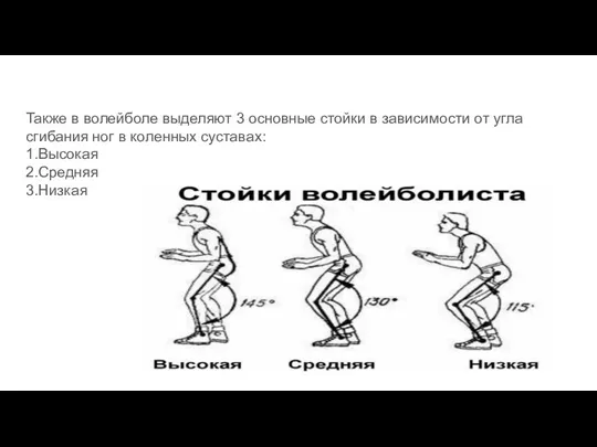 Также в волейболе выделяют 3 основные стойки в зависимости от угла сгибания